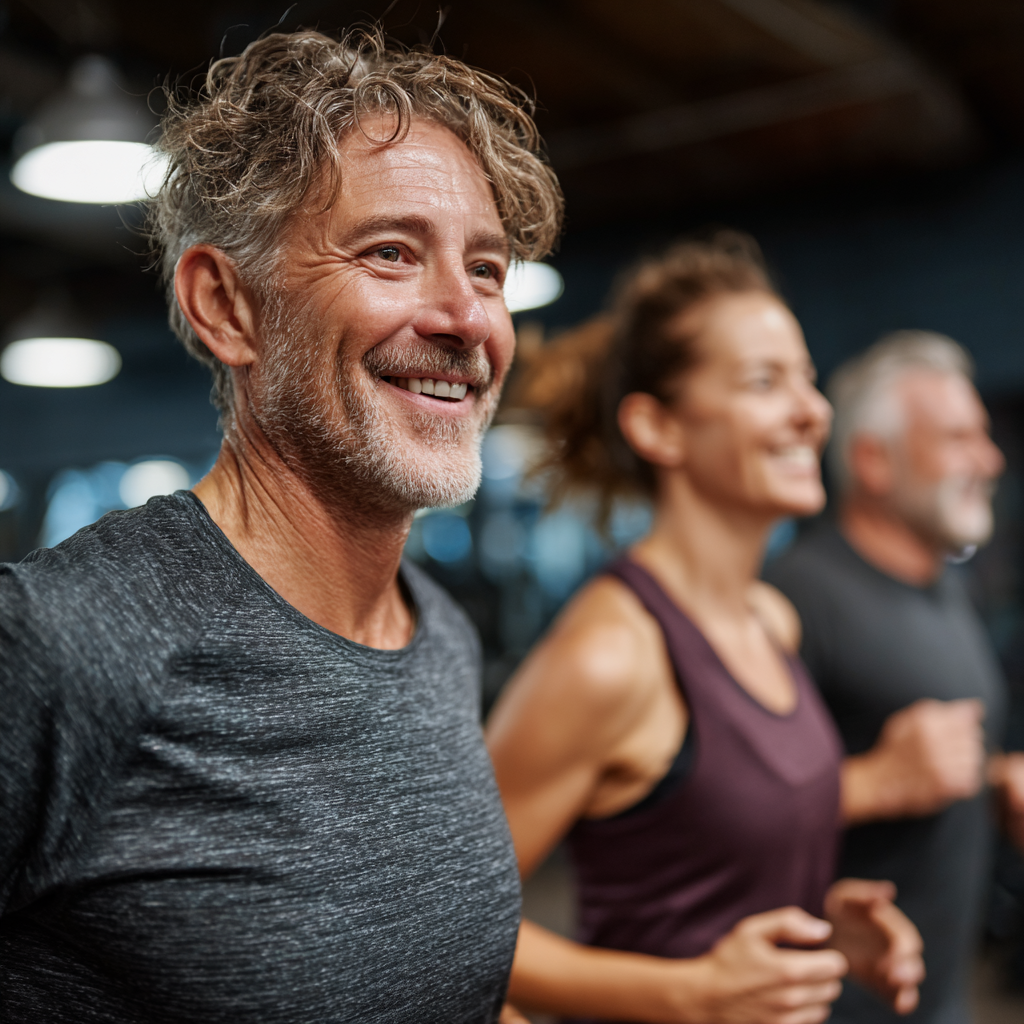 Energetic group of adults aged 40-55 exercising together in a modern gym, showing determination and joy during their fitness session