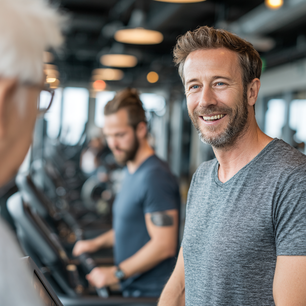 Welcoming fitness instructor showing exercise equipment to new members aged 40-55 in a modern, bright gym environment during a trial session